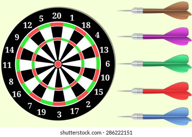 Dartboard with set of colorful darts