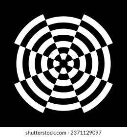 Dartboard spiral design abstract pattern, black and white checked target, black background. EPS includes pattern swatch that will seamlessly fill any shape. 