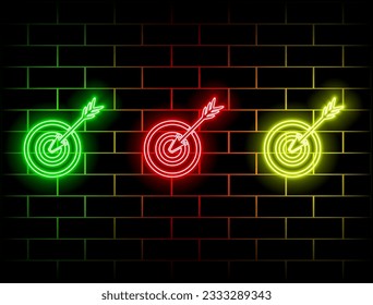 Dartboard. Success business concept. Target hit in the center by arrows, future technology. Business target isometric concept vector illustration. Goals. Green, red, yellow, pink, blue and orange.