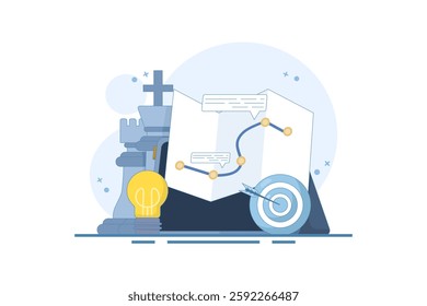 Dartboard target campaign strategic plan concept with chess. business strategic planning, achieving goals or objectives, business success, business planning to achieve success. flat illustration.