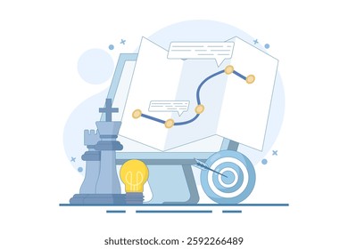 Dartboard target campaign strategic plan concept with chess. business strategic planning, achieving goals or objectives, business success, business planning to achieve success. flat illustration.