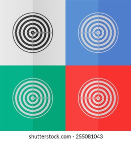 Dartboard vector icon. Effect of folded paper. Colored (red, blue, green) illustrations. Flat design
