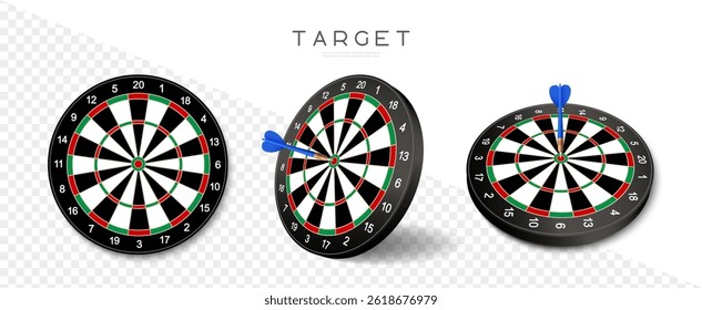 Dartboard vector icon set. Black dart board with arrows for pub darts game. Business target symbol