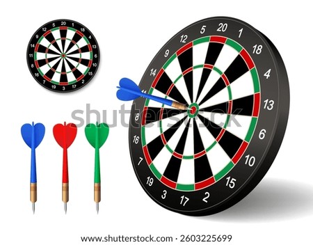 Dartboard vector icon set. Black dart board with arrows for pub darts game. Business target symbol