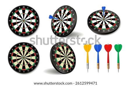 Dartboard vector icon set. Black dart board with arrows for pub darts game. Business target symbol