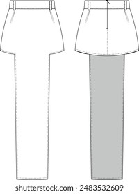 darted asymmetric hem long in front zippered mini long maxi a-line skirt template technical drawing flat sketch cad mockup fashion woman design style model 