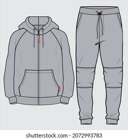 DARTED KNEE PATCH JOGGER PAIRED WITH RAGLAN SLEEVES  HOODIE COORDINATE SET DESIGNED FOR MEN YOUNG MEN AND TEEN BOYS INVECTOR ILLUSTRATION