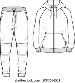 DARTED KNEE PATCH JOGGER PAIRED WITH RAGLAN SLEEVES  HOODIE COORDINATE SET DESIGNED FOR MEN YOUNG MEN AND TEEN BOYS INVECTOR ILLUSTRATION