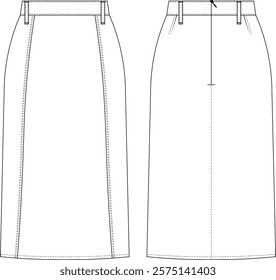 darted midi knee longth denim jean straight pencil cut skirt template technical drawing flat sketch cad mockup fashion woman design style model 