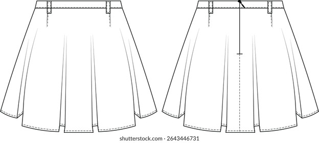 darted talhado cintura gota plissado mini curto um modelo de saia de linha desenho técnico plano esboço cad maquete moda mulher design estilo modelo 