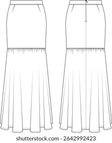 darted tailored fit and flared bodycon zippered gathered a line gypsy long maxi skirt template technical drawing flat sketch cad mockup fashion woman design style model 