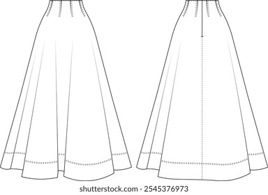 darted tailored flared zippered long maxi midi ankle length sa line skirt template technical drawing flat sketch cad mockup fashion woman design style model 