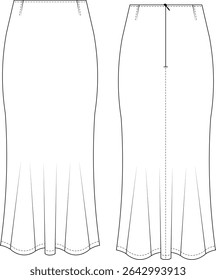 darted tailored zippered bodycon mermaid fit and flared long maxi midi skirt template technical drawing flat sketch cad mockup fashion woman design style model 
