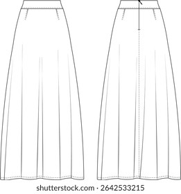 darted tailored zippered flared a line maxi midi long skirt template technical drawing flat sketch cad mockup fashion woman design style model 