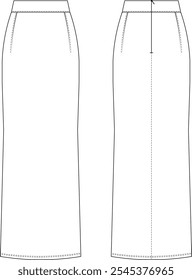 darted zippered body con pencil straight long maxi midi skirt template technical drawing flat sketch cad mockup fashion woman design style model