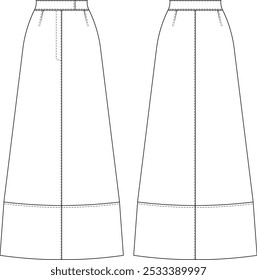 darted zíper maxi longo uma linha saia modelo desenho técnico plano esboço cad maquete moda wom