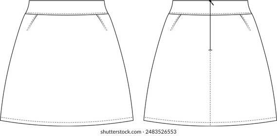 darted zippered mini short a line denim jean skirt template technical drawing flat sketch cad mockup fashion woman design style model 