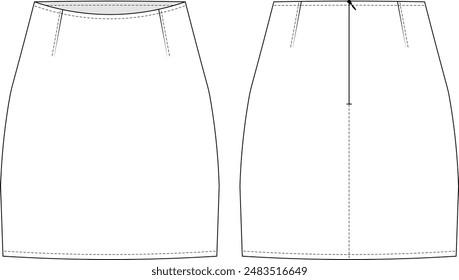 darted zippered mini short pencil body-con skirt template technical drawing flat sketch cad mockup fashion woman design style model 