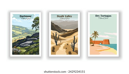 Dartmoor, Parque Nacional. Valle de la Muerte, Parque Nacional. Dry Tortugas, Parque Nacional - Cartel de viaje vintage. Ilustración vectorial. Impresiones de alta calidad