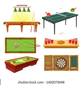 Darts ad games on table pool or billiard ping pong vector beer pong and hockey sport and entertainment competition and tournament rackets and ball cues and holes paper cups and puck aim or target.