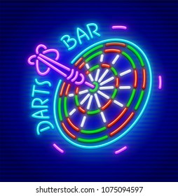 Darts Bar. Neon Sign For Darts Game Playing Place. Neon Icon For Entertainment Facility. EPS10 Vector Illustration.