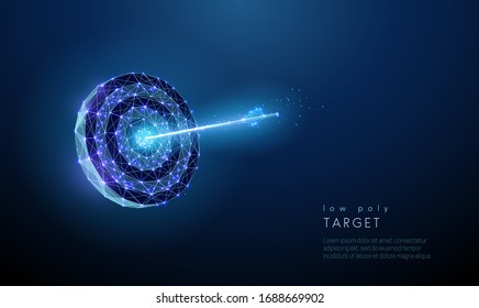 Darts board with arrow in the center. Target. Low poly style design. Abstract blue geometric background. Wireframe light connection structure. Modern 3d graphic concept. Isolated vector illustration.