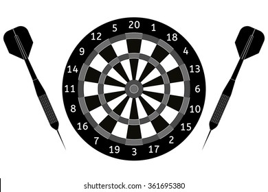 Darts board and darts arrows. Black icon.  Vector Illustration isolated on white background