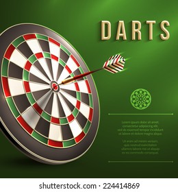 Darts board goal target competition realistic sport object on green background vector illustration