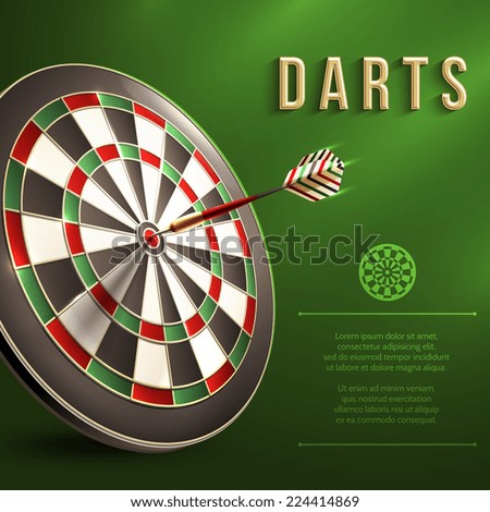 Darts board goal target competition realistic sport object on green background vector illustration