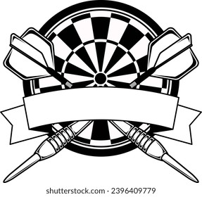 Darts board sport emble. Darts board with crossed arrows and banner. Black and white dart team or club design