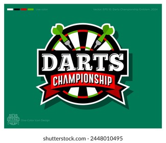 Darts Championship logo. Darts emblem. Darts arrows and target in the circle with ribbons. Identity and app icon.