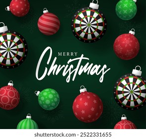 darts Christmas Greeting card. Merry Christmas and happy new year sport greeting card. Hang on a thread green and red xmas ball bauble on green on background. Sport Vector illustration.