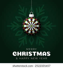 cartão de saudação de Natal dardos. Feliz Natal e feliz ano novo cartão de saudação esporte. Pendure em um fio verde e bola xmas vermelho em verde no fundo. Ilustração Sport Vetor.