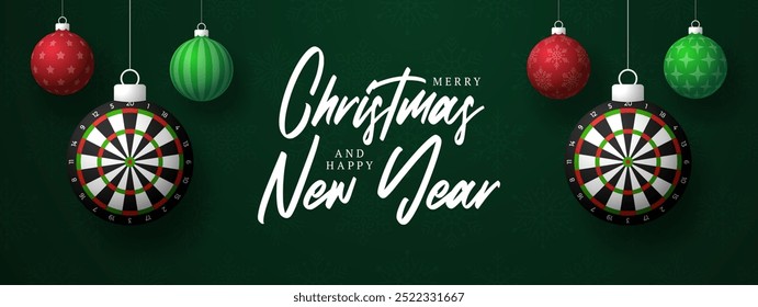 darts Christmas Greeting card. Merry Christmas and happy new year sport greeting card. Hang on a thread green and red xmas ball bauble on green on background. Sport Vector illustration.