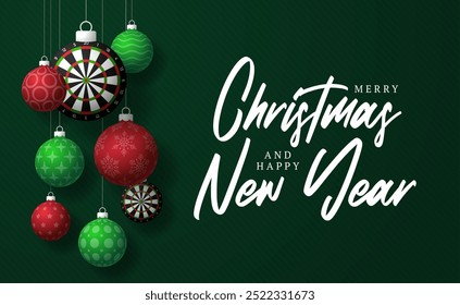 darts Christmas Greeting card. Merry Christmas and happy new year sport greeting card. Hang on a thread green and red xmas ball bauble on green on background. Sport Vector illustration.