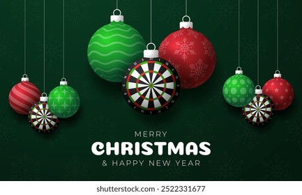 darts Christmas Greeting card. Merry Christmas and happy new year sport greeting card. Hang on a thread green and red xmas ball bauble on green on background. Sport Vector illustration.