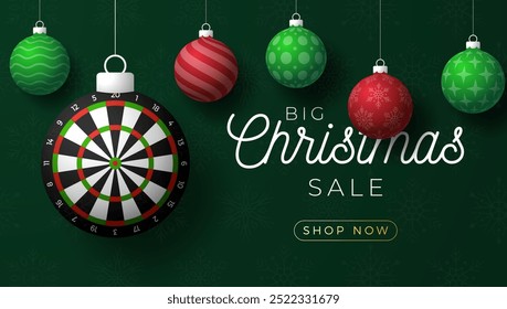 cartão de saudação de Natal dardos. Feliz Natal e feliz ano novo cartão de saudação esporte. Pendure em um fio verde e bola xmas vermelho em verde no fundo. Ilustração Sport Vetor.