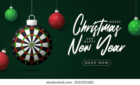 darts Christmas Greeting card. Merry Christmas and happy new year sport greeting card. Hang on a thread green and red xmas ball bauble on green on background. Sport Vector illustration.