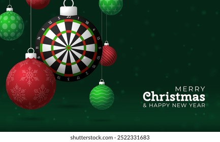 darts Christmas Greeting card. Merry Christmas and happy new year sport greeting card. Hang on a thread green and red xmas ball bauble on green on background. Sport Vector illustration.
