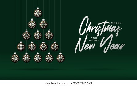darts Christmas Greeting card. Merry Christmas and happy new year sport greeting card. Hang on a thread green and red xmas ball bauble on green on background. Sport Vector illustration.