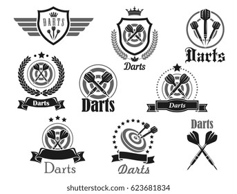 Darts club or championship tournament vector icons templates set. Isolated icons of dart board and arrows aiming to bullseye target on dartboard with victory laurel wreath ribbons, crown and stars