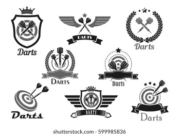 Darts club or contest vector icons set. Emblems for dart game competition and winner award of dartboard and arrows. victory cup and banner or heraldic wings and laurel wreath or crown with stars