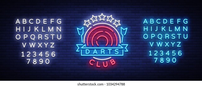 Darts Club Logo in Neon Style. Neon Sign, Bright Night Advertising, Light Banner. Vecton illustration. Editing text neon sign