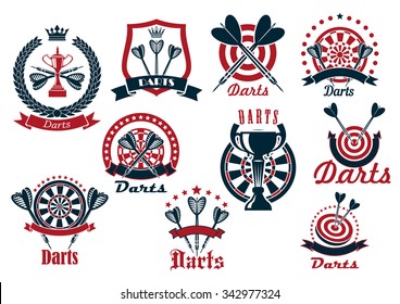 Darts club retro icons of dartboards and arrows with trophy cups, crowned by shield and wreath, decorated by stars and ribbon banners