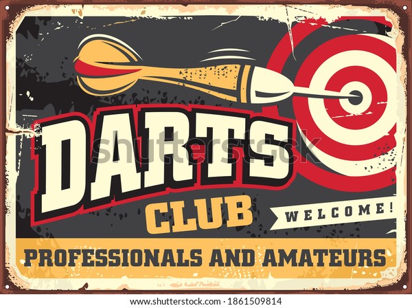 Darts club vintage decoration sign template on old\
metal background. Retro leisure poster idea for cafe bar or club.\
Vector image.