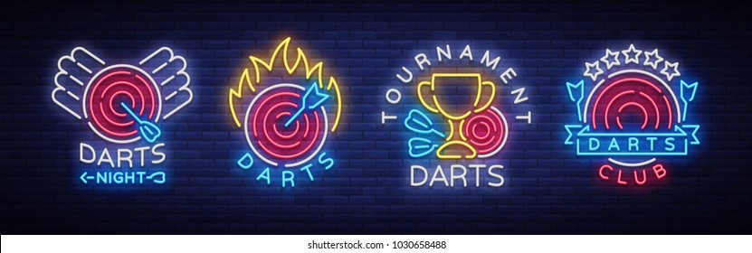 Darts collection of neon signs. Vector illustration. Bright nightly Darts advertising, neon logo, symbol, lightweight banner, design template for your projects