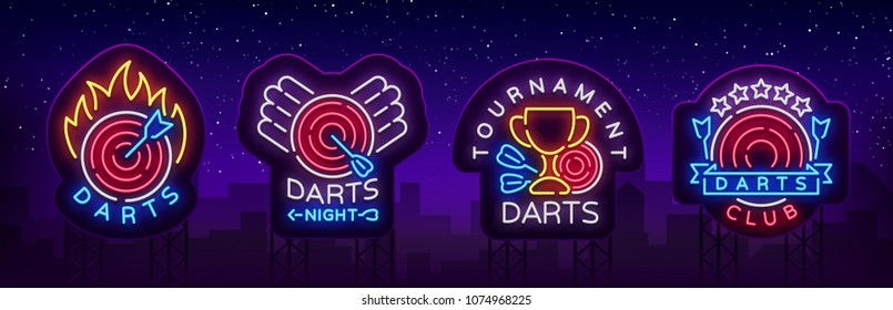 Darts collection of neon signs. Vector illustration. Bright nightly Darts advertising, neon logo, symbol, lightweight banner, design template for your projects. Billboards