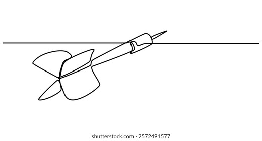 Darts continuous one line drawing of a white background, Dart sticking in surface, Continuous line drawing of Target with arrows. Single line illustration of goal circle with three arrows in center. 