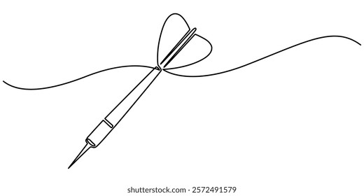 Darts continuous one line drawing of a white background, Dart sticking in surface, Continuous line drawing of Target with arrows. Single line illustration of goal circle with three arrows in center. 