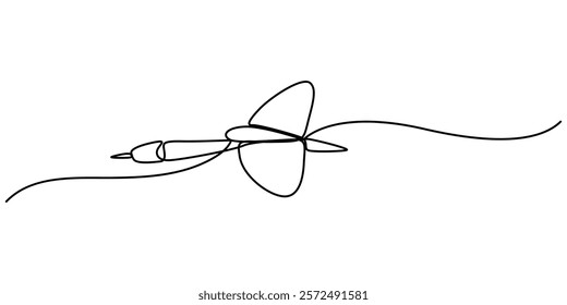 Darts continuous one line drawing of a white background, Dart sticking in surface, Continuous line drawing of Target with arrows. Single line illustration of goal circle with three arrows in center. 